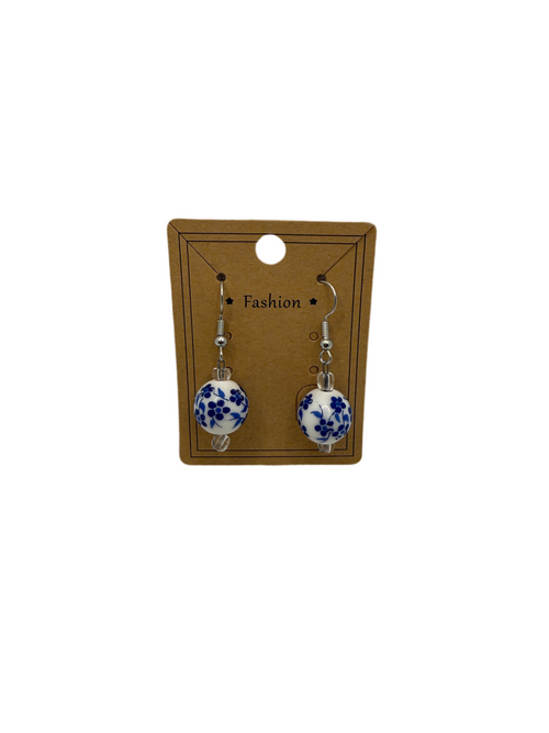 Blue and White Ceramic Floral Earrings