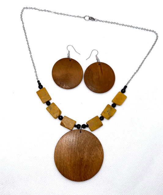 Boho Wood and Marble Necklace and Earring Set